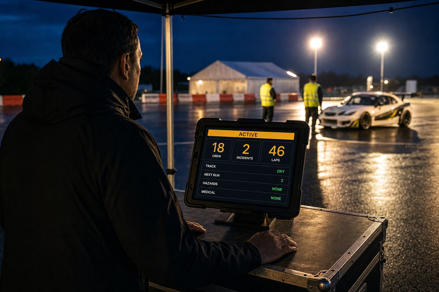 An event manager at an outdoor control station at dusk, crew and marquees behind