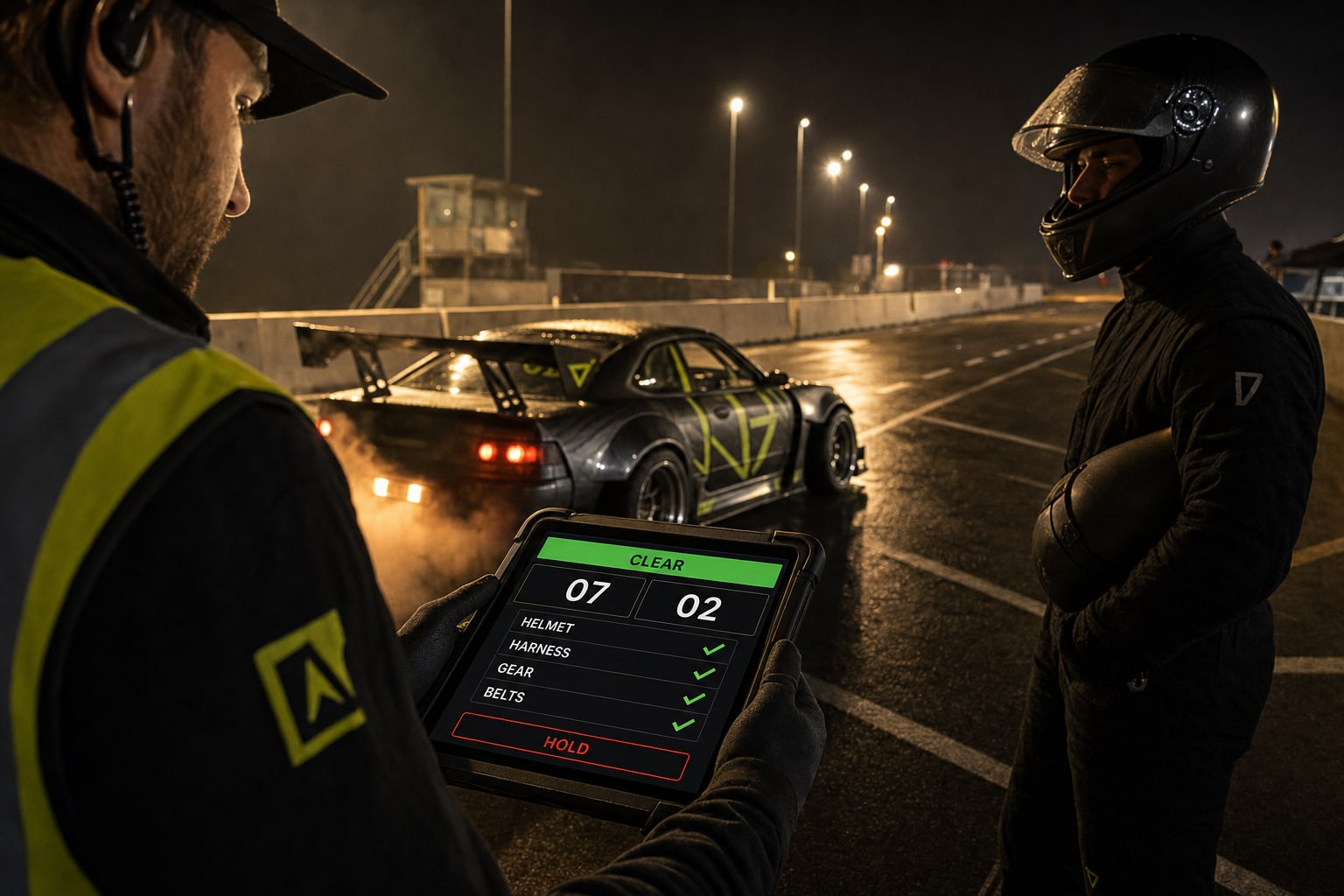 A marshal with a tablet checking a helmeted guest at a night staging lane